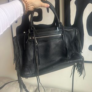 rebecca minkoff leather satchel in black with fringe